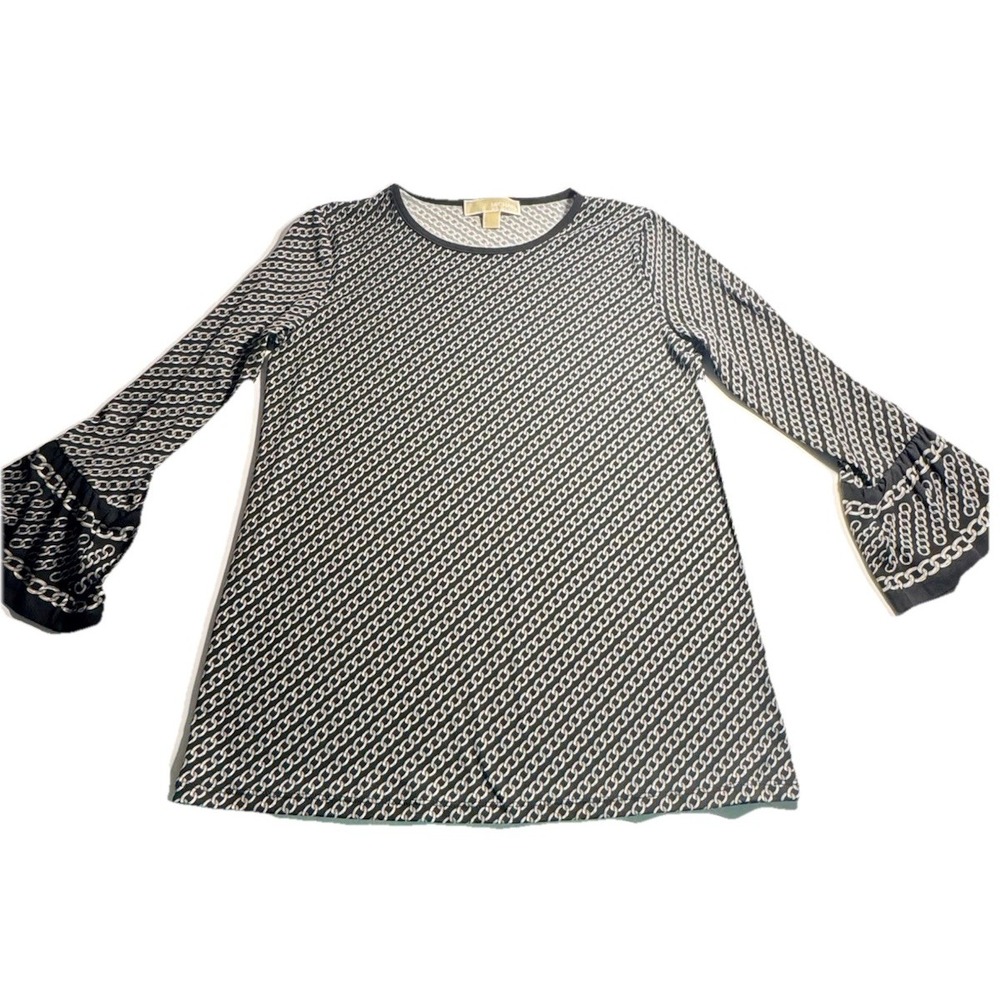 Michael Kors Women Black White Chain Link Print Bell Sleeve Top Size S Blouse